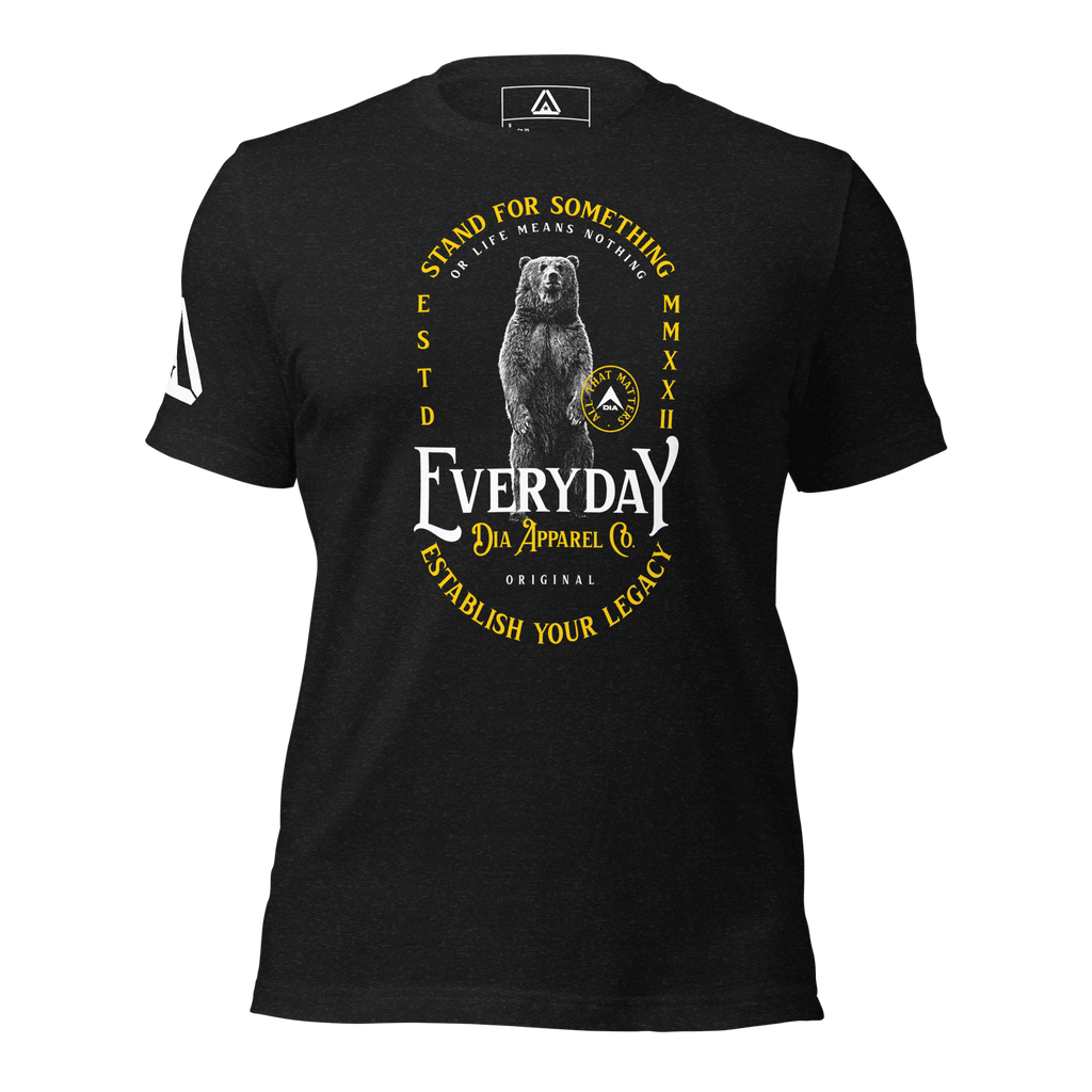 Black t-shirt, front view, featuring a standing bear graphic with the text "STAND FOR SOMETHING" and a DIA logo.
