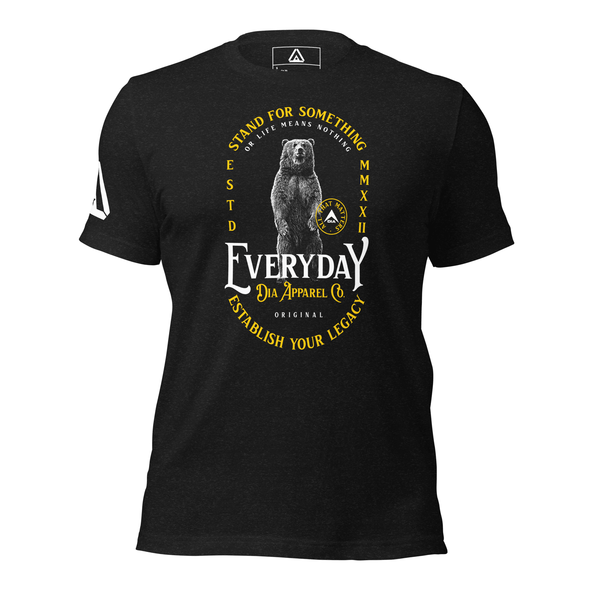 Black t-shirt, front view, featuring a standing bear graphic with the text "STAND FOR SOMETHING" and a DIA logo.