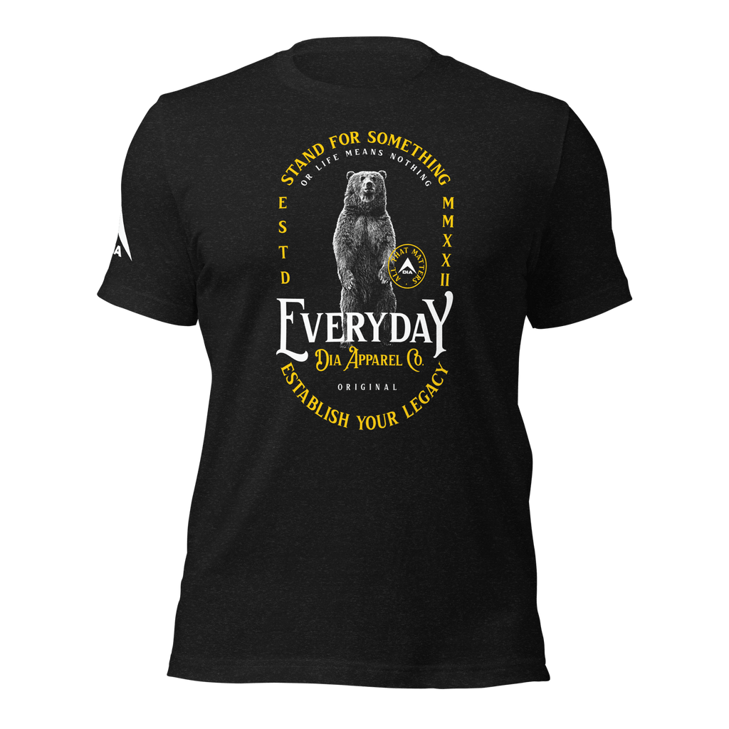 Black heather t-shirt with a standing bear graphic and "STAND FOR SOMETHING" text in a front view.