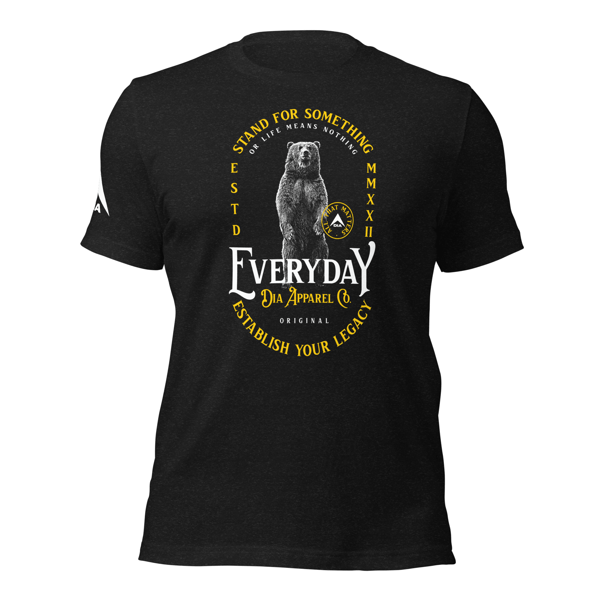 Black heather t-shirt with a standing bear graphic and "STAND FOR SOMETHING" text in a front view.