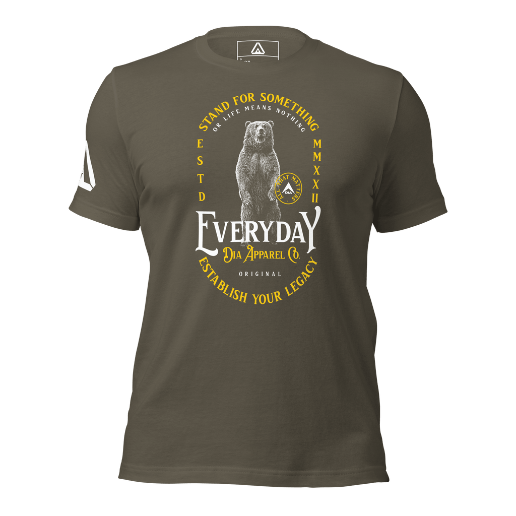 Olive green t-shirt, front view, featuring a standing bear graphic and "STAND FOR SOMETHING" text.