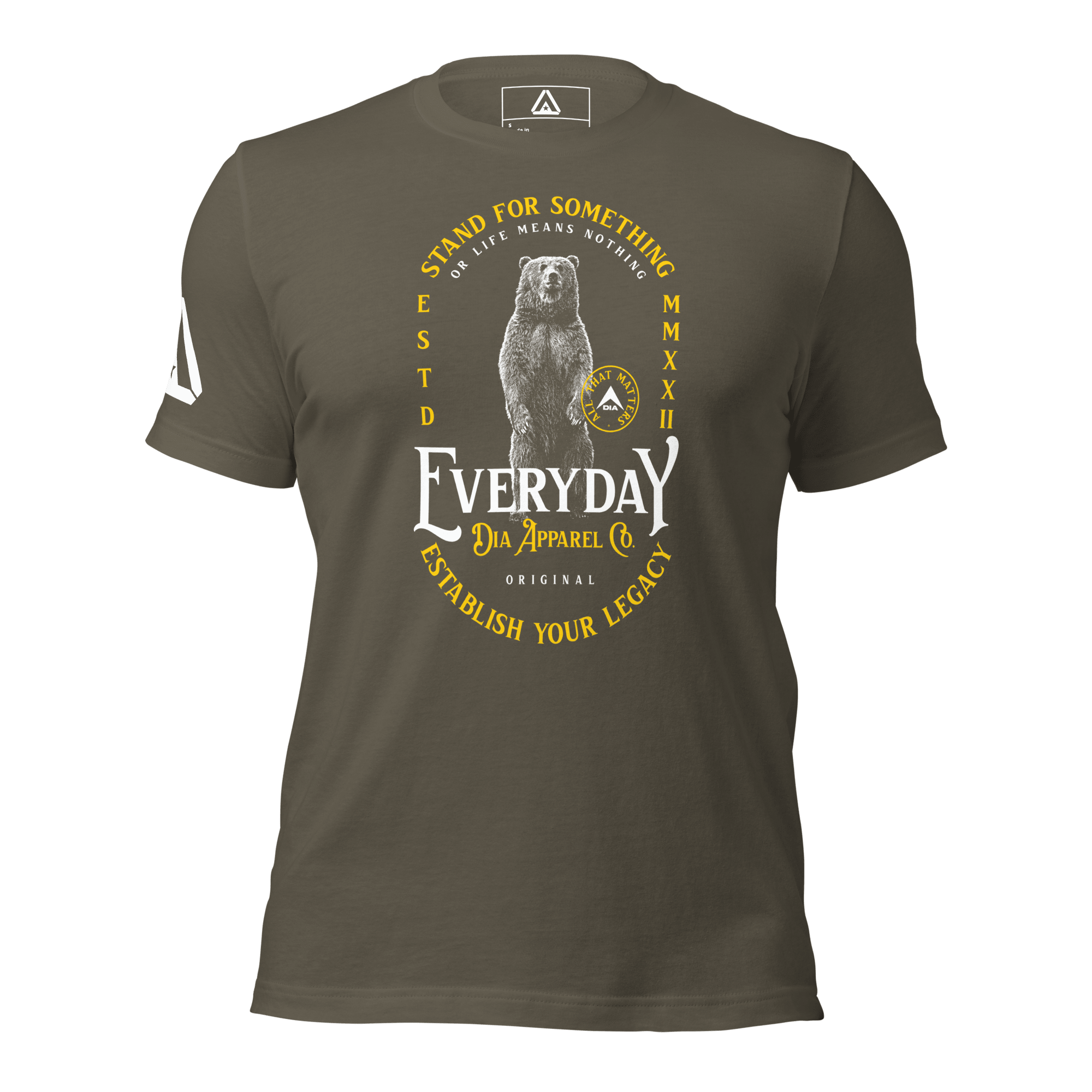Olive green t-shirt, front view, featuring a standing bear graphic and "STAND FOR SOMETHING" text.
