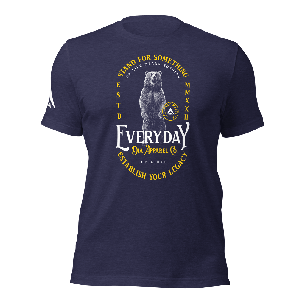 Heather midnight Navy blue t-shirt with a standing bear graphic and "STAND FOR SOMETHING" text in a front view.