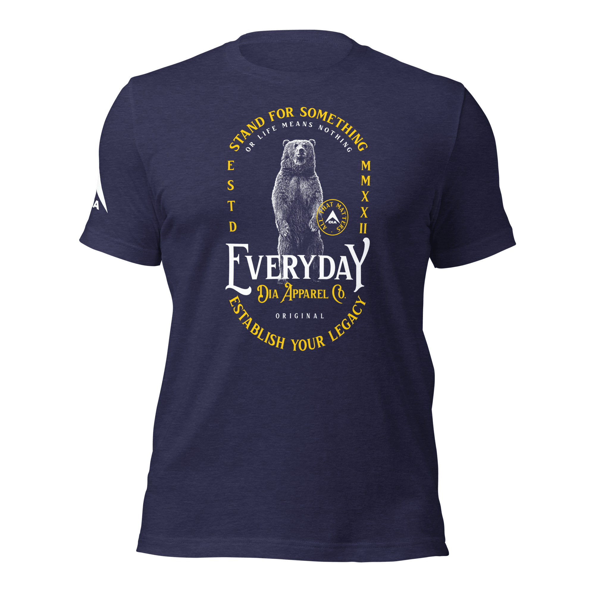 Heather midnight Navy blue t-shirt with a standing bear graphic and "STAND FOR SOMETHING" text in a front view.