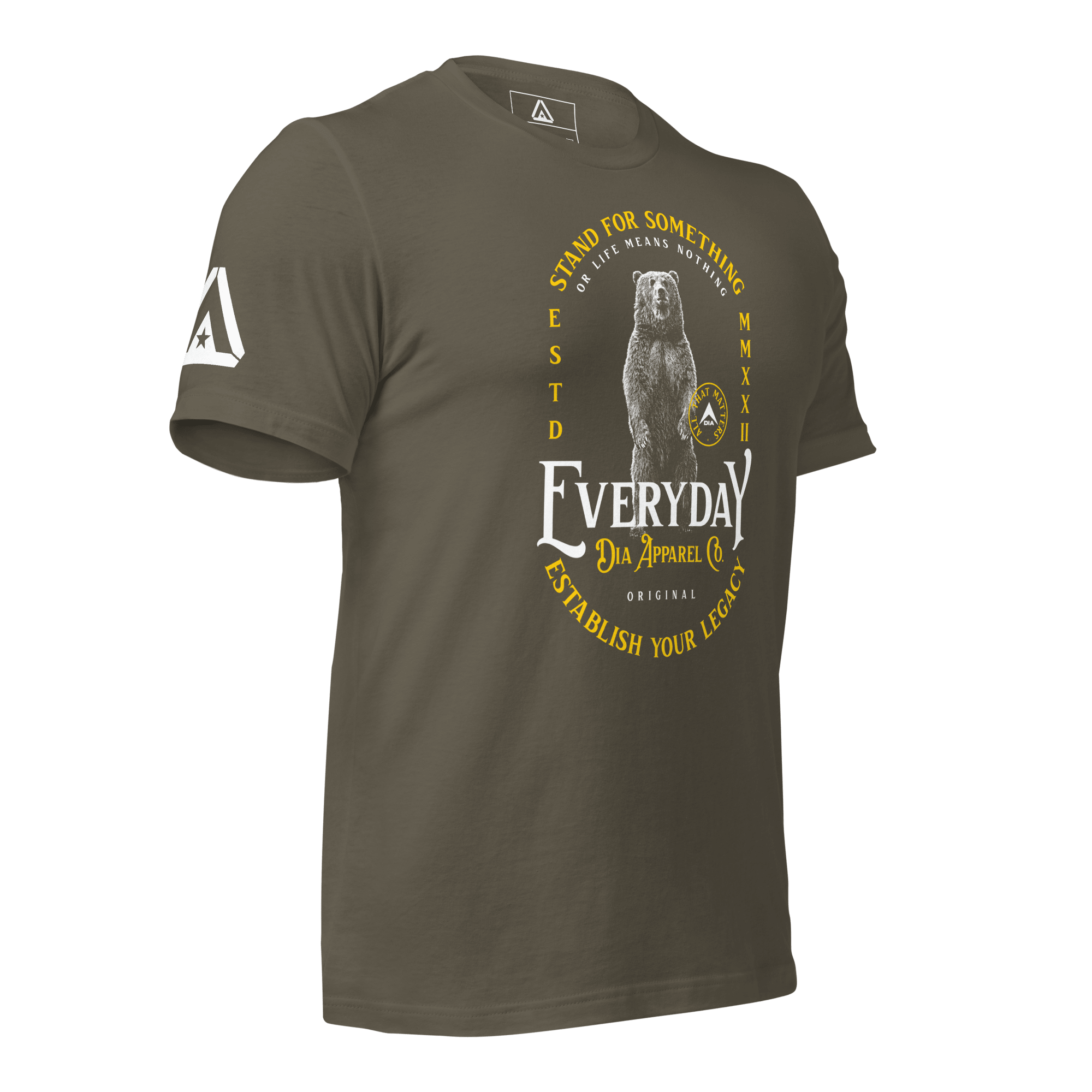 Army green t-shirt, three-quarter view angled to the left, featuring a bear graphic and a DIA logo.