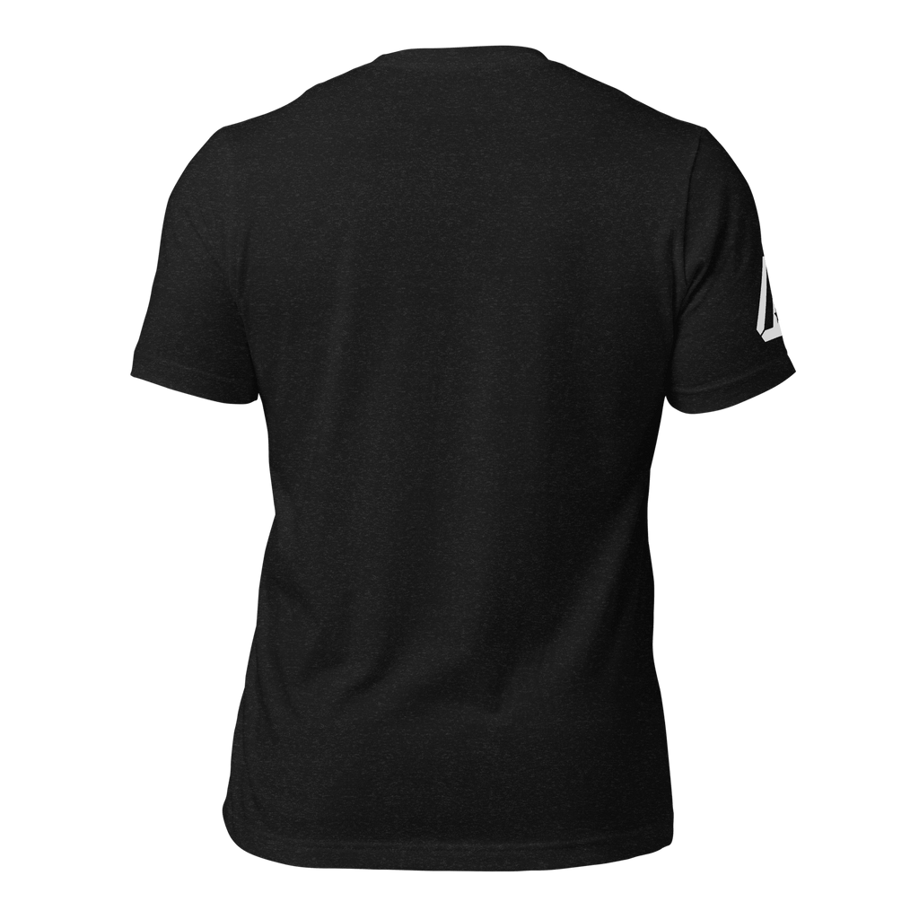 Back view of a Black heather t-shirt with a DIA logo on the sleeve.