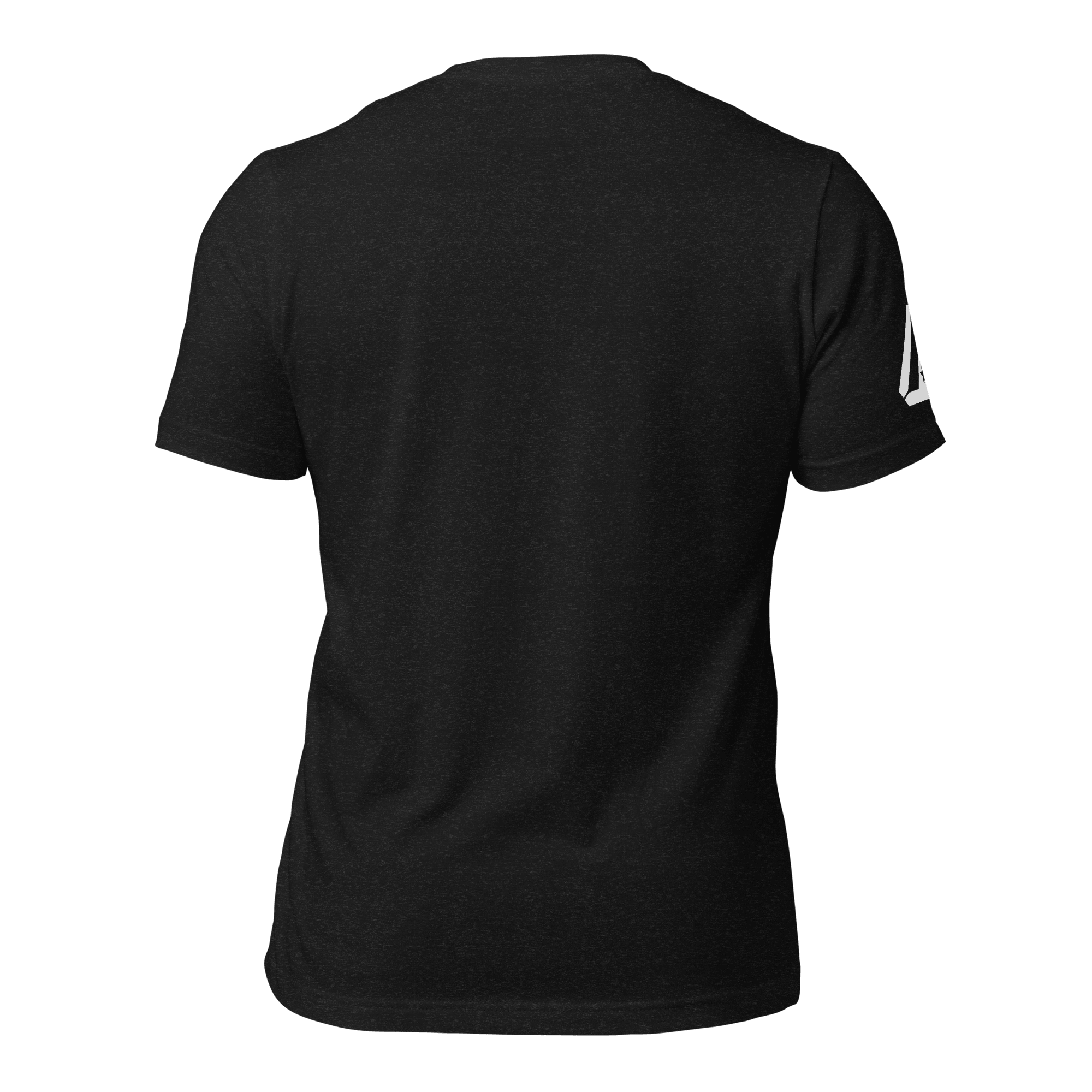Back view of a Black heather t-shirt with a DIA logo on the sleeve.
