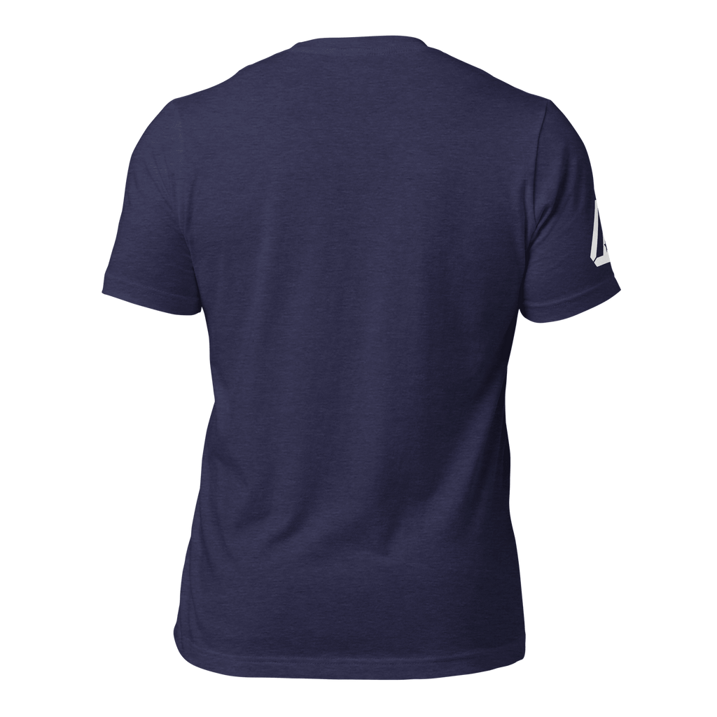 Back view of a Heather midnight blue t-shirt with a DIA logo on the sleeve.