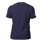 Back view of a Heather midnight blue t-shirt with a DIA logo on the sleeve.