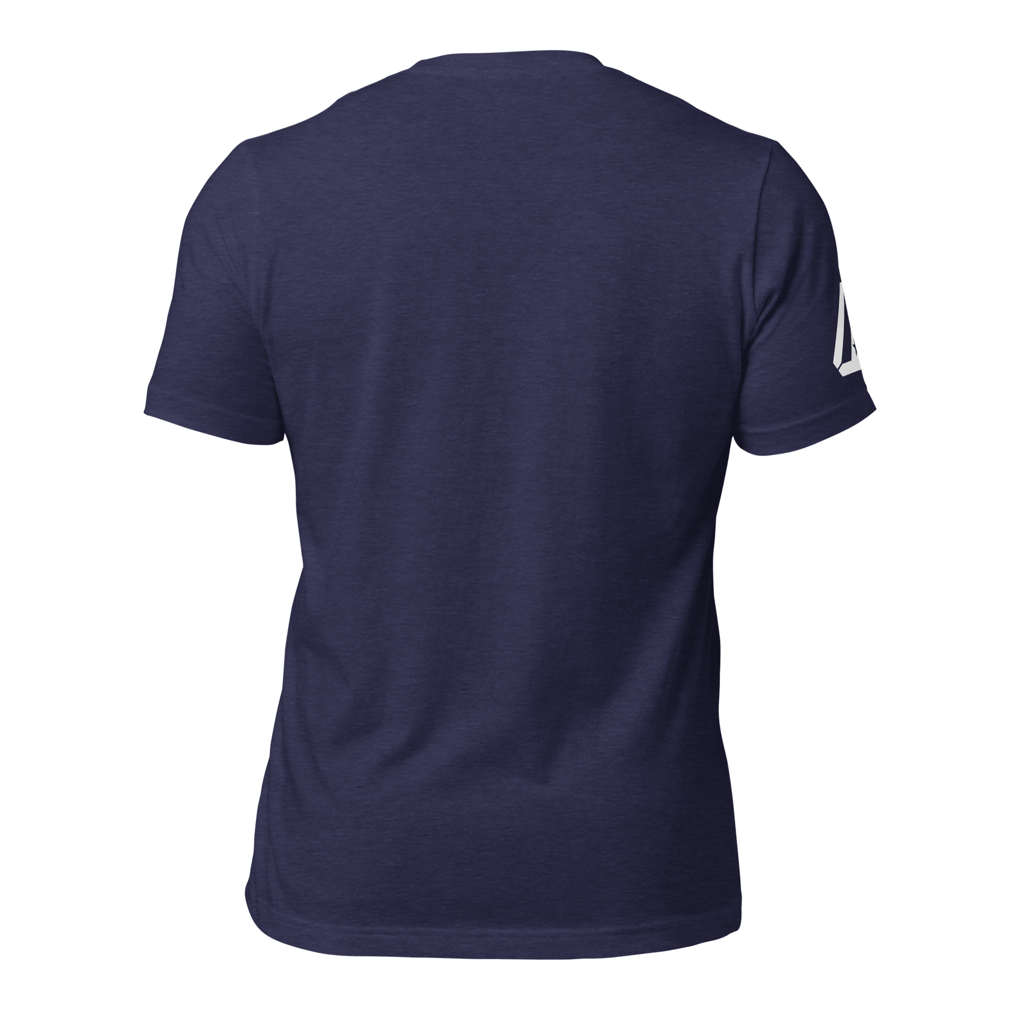 Back view of a Heather midnight blue t-shirt with a DIA logo on the sleeve.