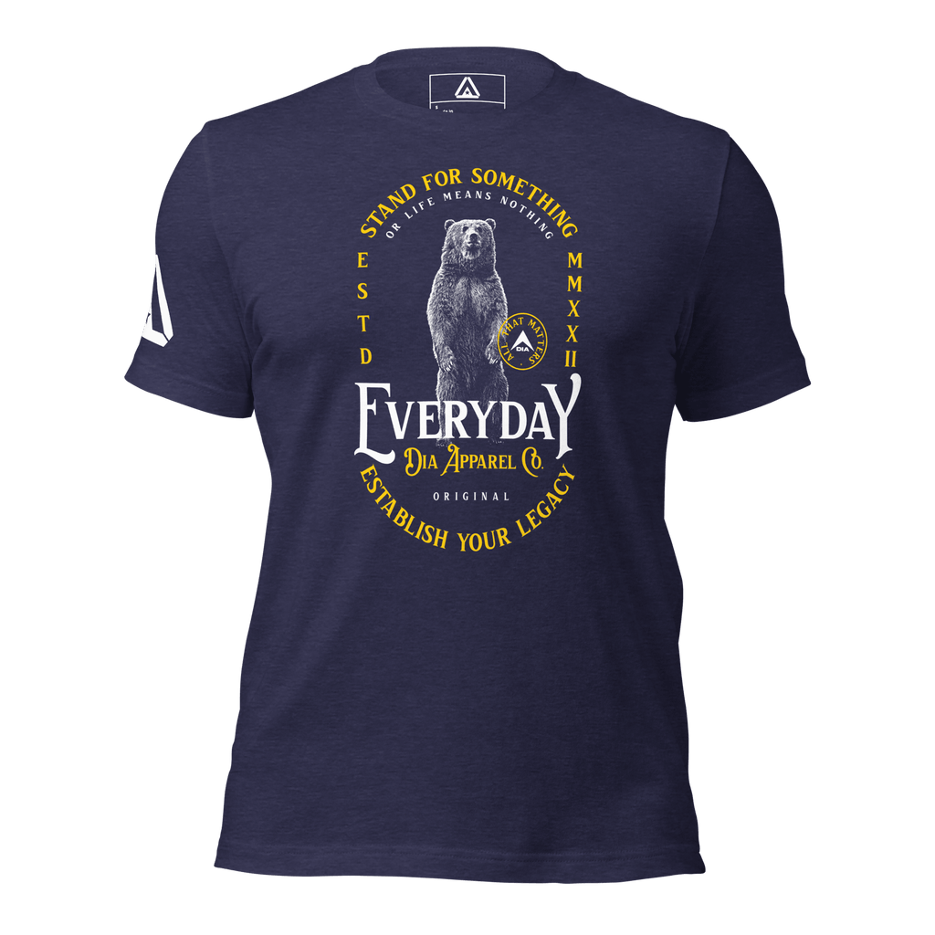 Navy blue t-shirt, front view, featuring a standing bear graphic, the text "STAND FOR SOMETHING," and a DIA logo.