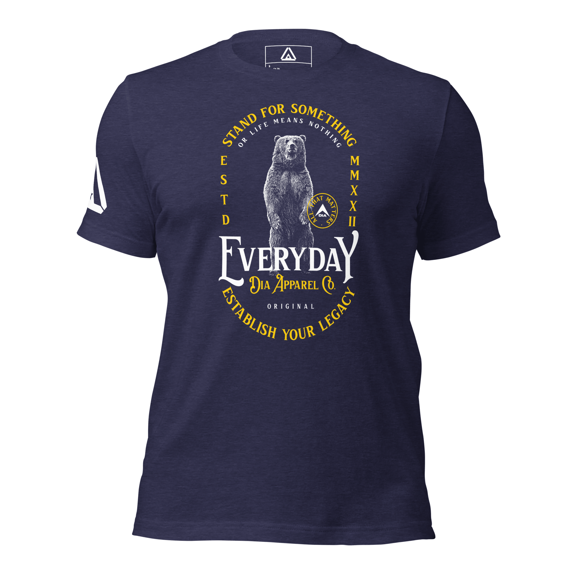 Navy blue t-shirt, front view, featuring a standing bear graphic, the text "STAND FOR SOMETHING," and a DIA logo.