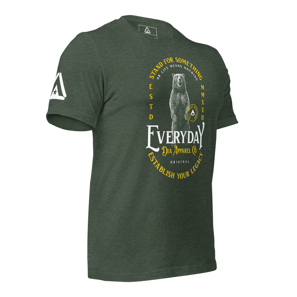 Heather forrest green t-shirt, three-quarter view angled to the left, featuring a bear graphic and a DIA logo.
