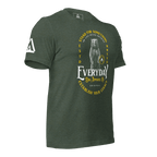 Heather forrest green t-shirt, three-quarter view angled to the left, featuring a bear graphic and a DIA logo.