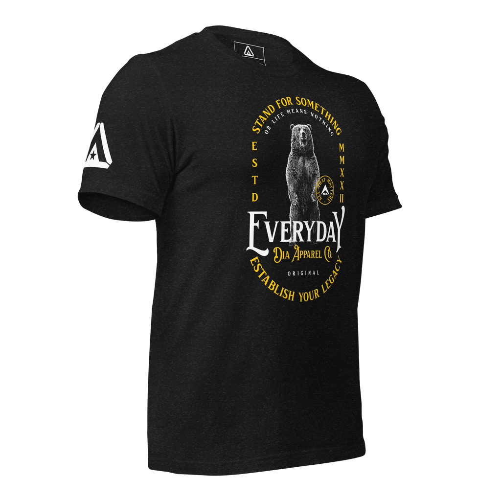 Black heather t-shirt, three-quarter view angled to the left, featuring a bear graphic and a DIA logo.