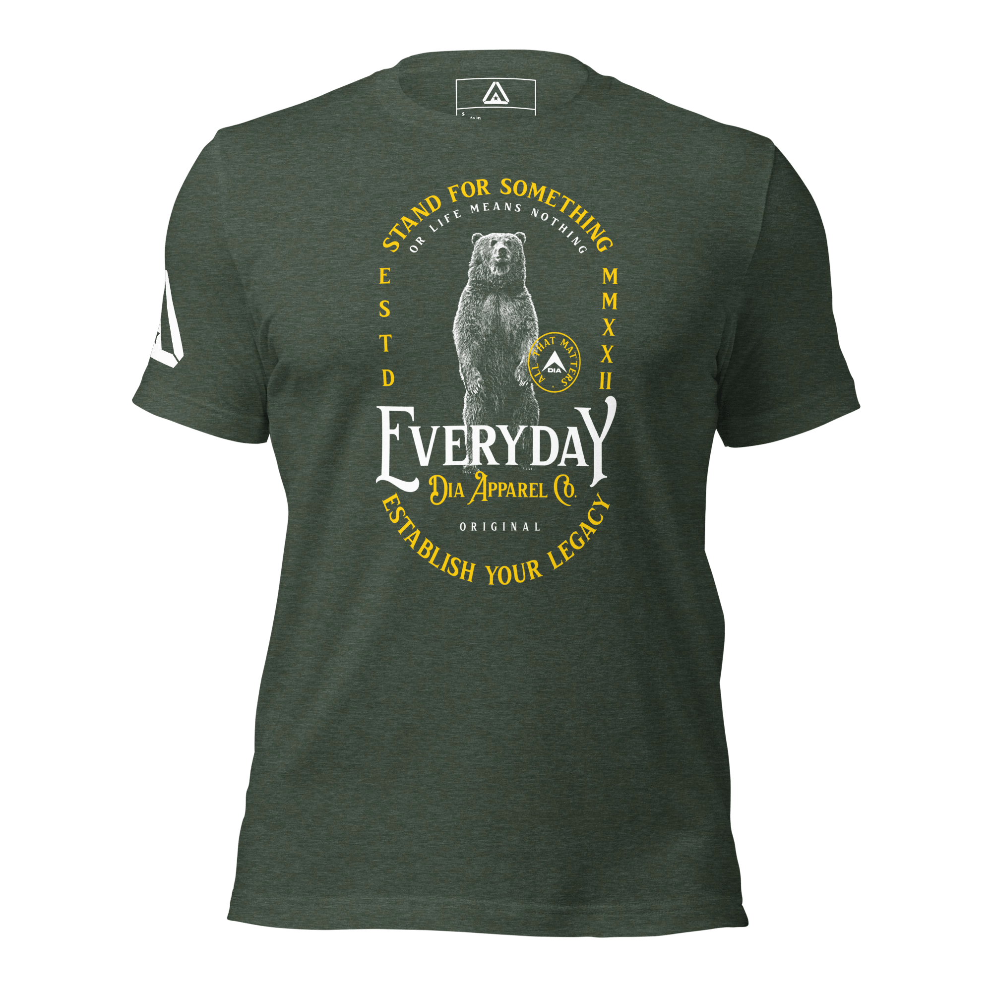 green t-shirt, front view, featuring a standing bear graphic, the text "STAND FOR SOMETHING," and a DIA logo.