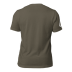 Back view of an army green t-shirt with a DIA logo on the sleeve.