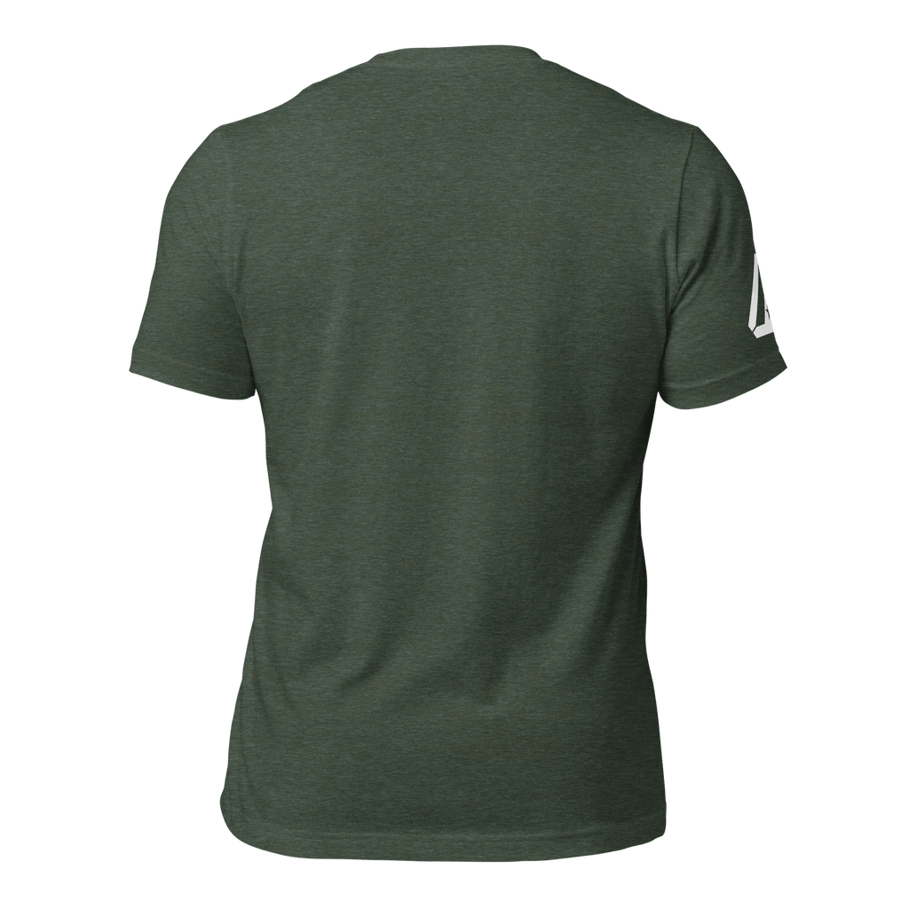 Back view of an Heather forrest green t-shirt with a DIA logo on the sleeve.