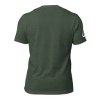 Back view of an Heather forrest green t-shirt with a DIA logo on the sleeve.