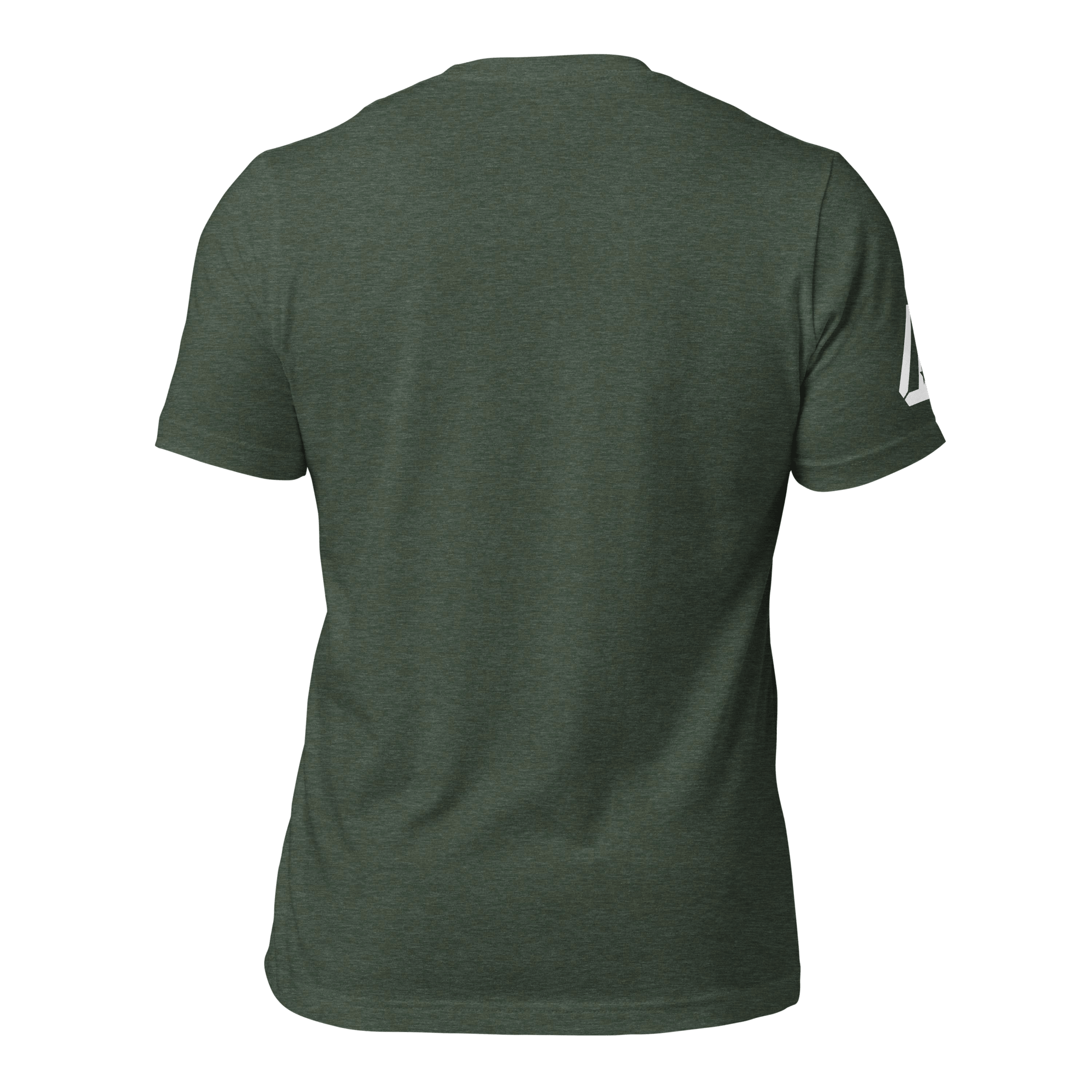Back view of an Heather forrest green t-shirt with a DIA logo on the sleeve.