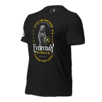 Black heather t-shirt, three-quarter view angled to the right, featuring a bear graphic.
