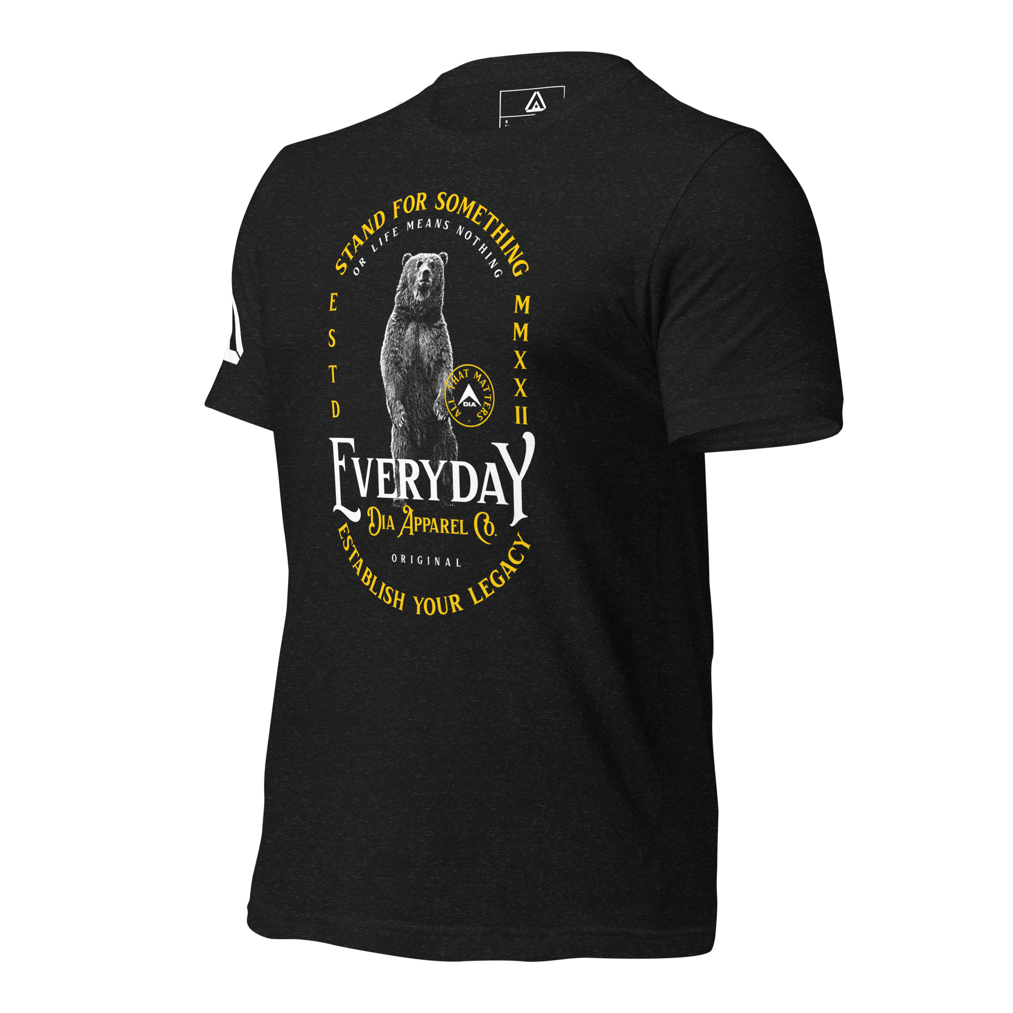 Black heather t-shirt, three-quarter view angled to the right, featuring a bear graphic.