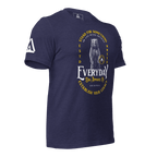 Heather midnight blue t-shirt, three-quarter view angled to the left, featuring a bear graphic and a DIA logo.