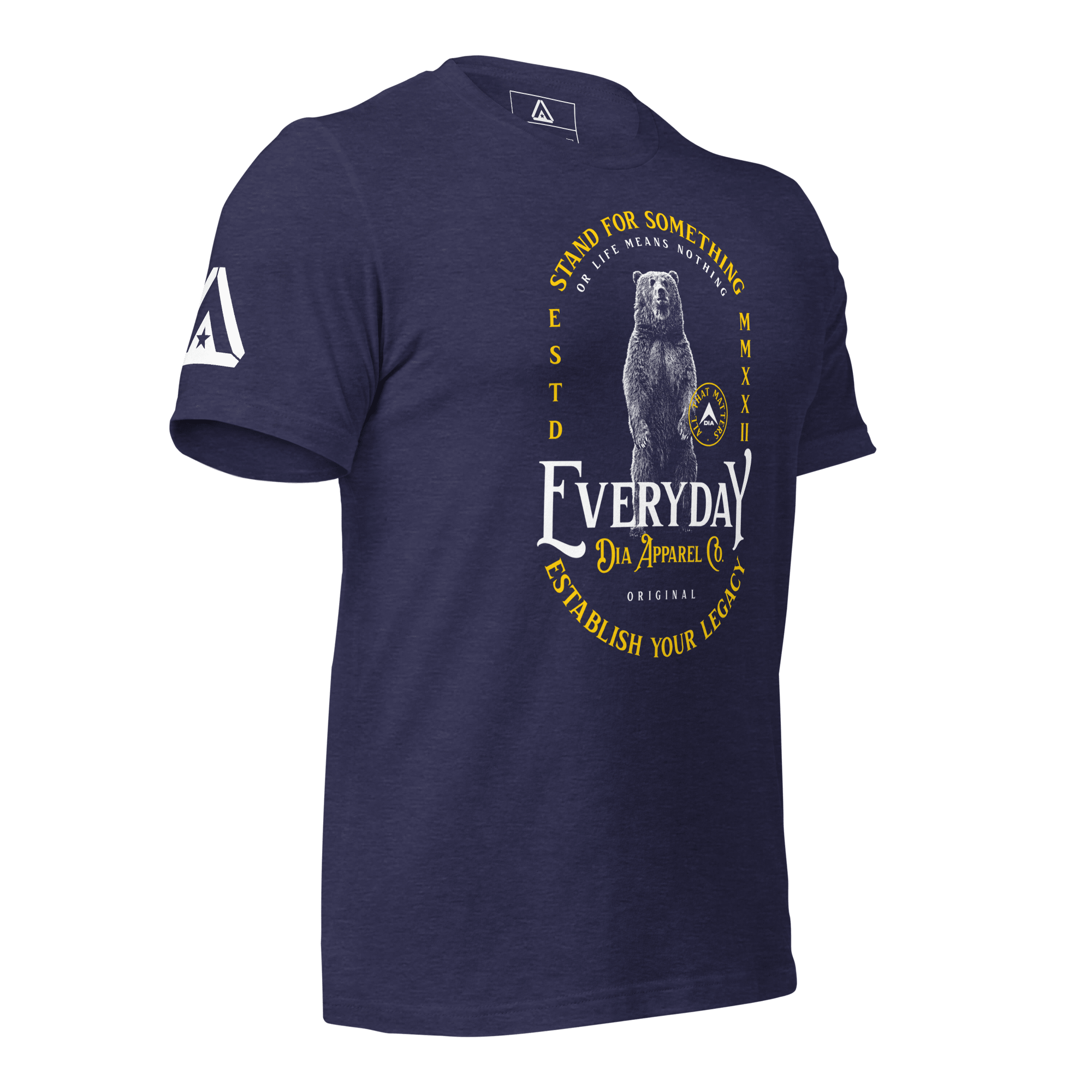 Heather midnight blue t-shirt, three-quarter view angled to the left, featuring a bear graphic and a DIA logo.