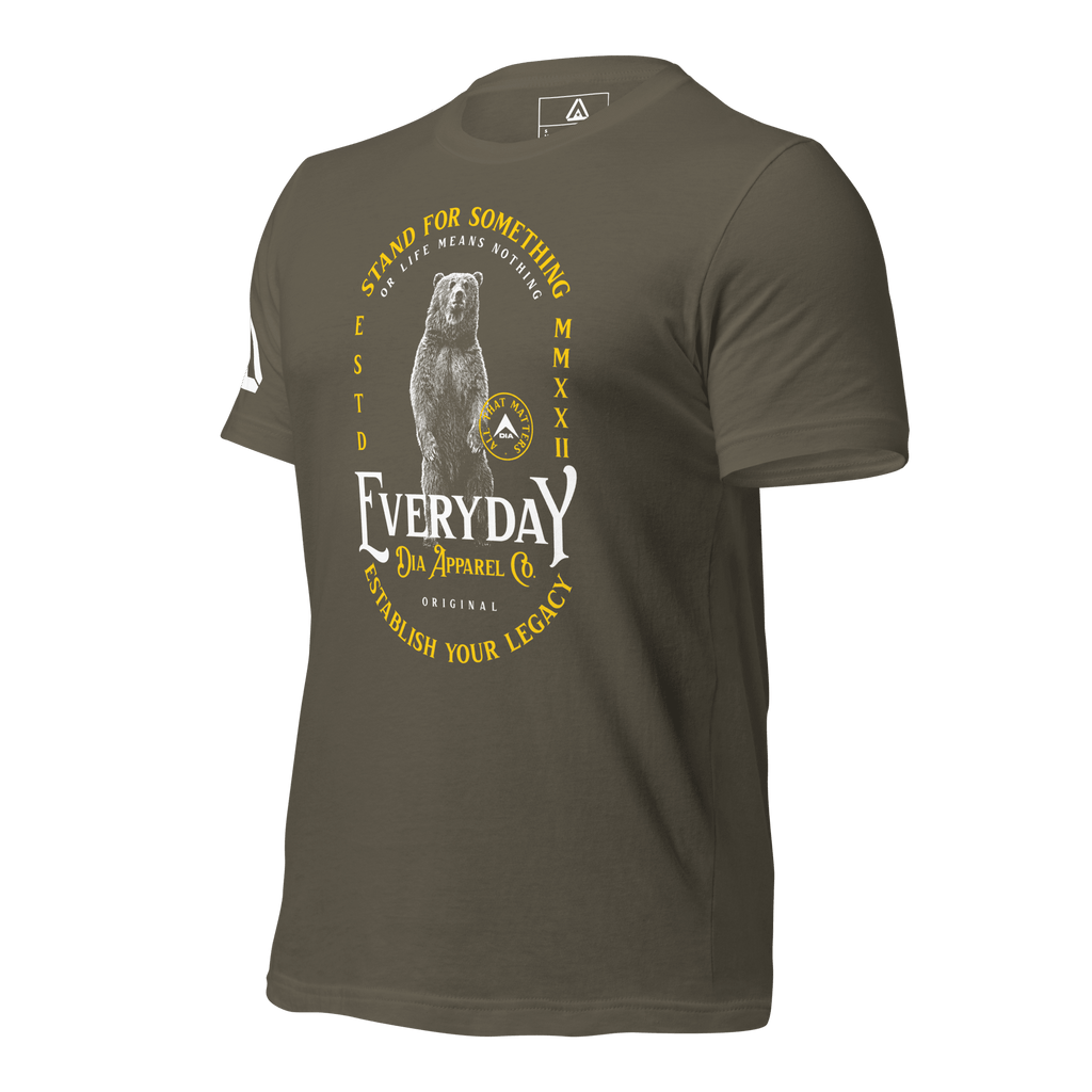 Army green t-shirt with a standing bear graphic and "EVERYDAY" text in a three-quarter view angled to the right.