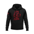 Black hoodie featuring red "STAY FERAL" snarling raccoon graphic and an American flag patch on the right sleeve.
