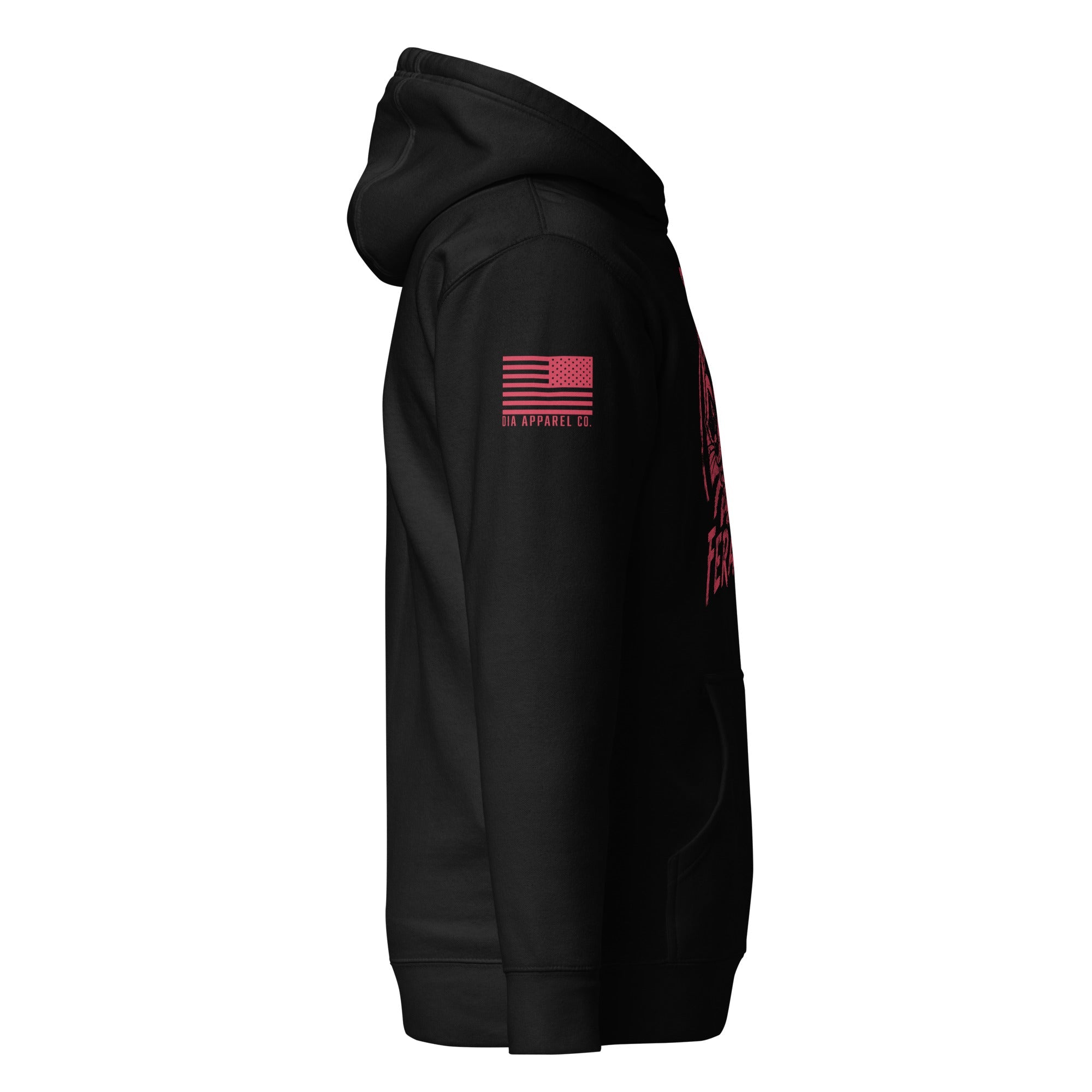 Black hoodie shown from a right-side view, featuring a red American flag patch with "DIA APPAREL CO." on the sleeve.