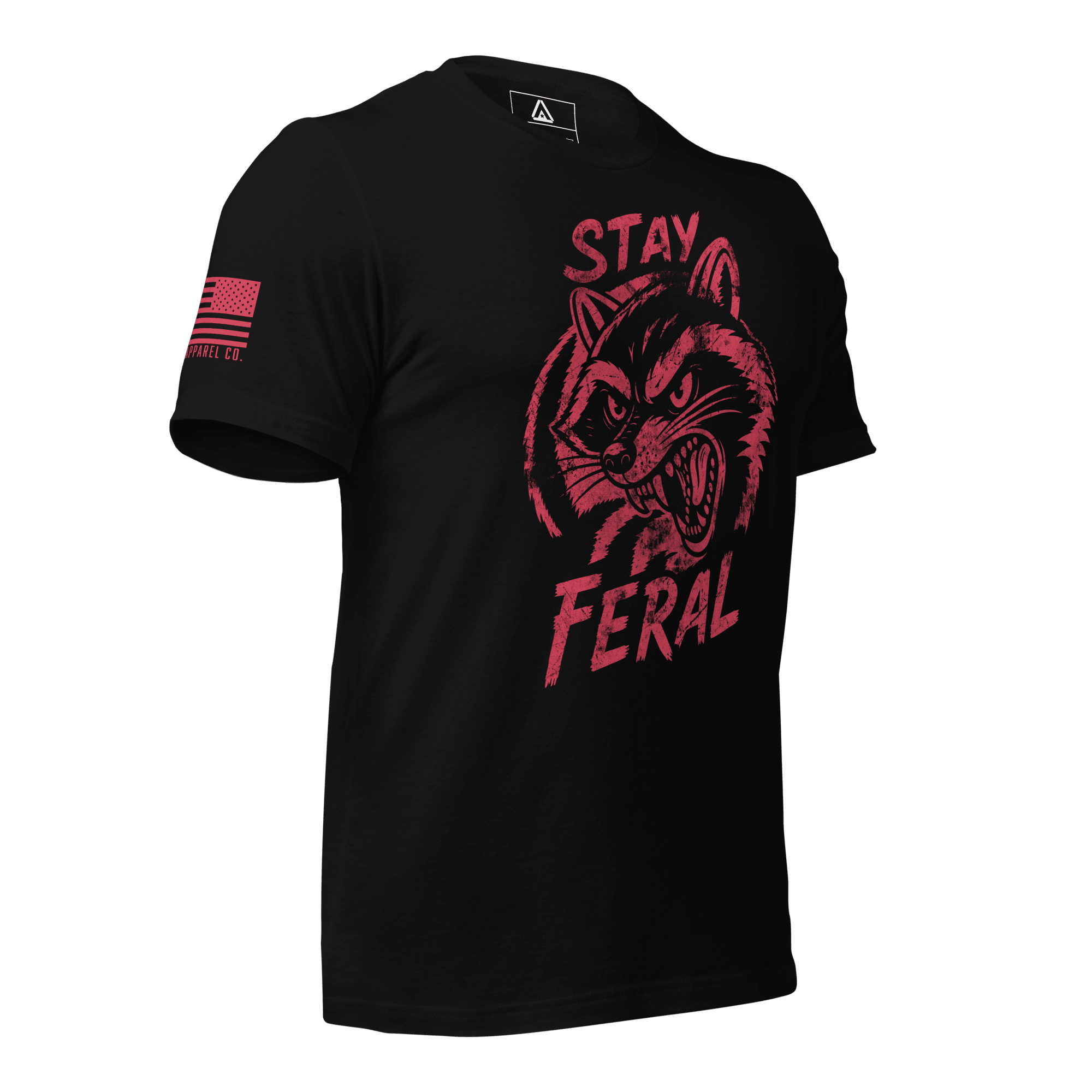 Black t-shirt shown angled right, with red "Stay Feral" snarling raccoon graphic and red American flag on right sleeve.