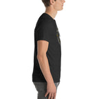 Right-side profile view of a man wearing a black heather wolf graphic t-shirt.