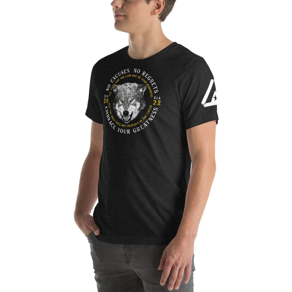 Angled right view of a man wearing a black heather wolf graphic t-shirt, with a white DIA logo on the left sleeve.