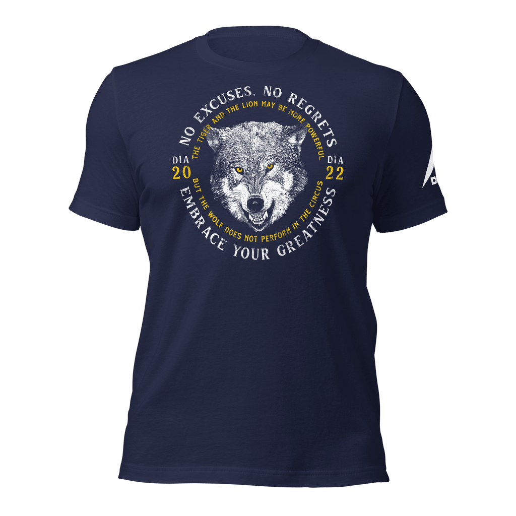 Heather midnight navy wolf graphic t-shirt featuring "No Excuses. No Regrets" and "Embrace Your Greatness" text.