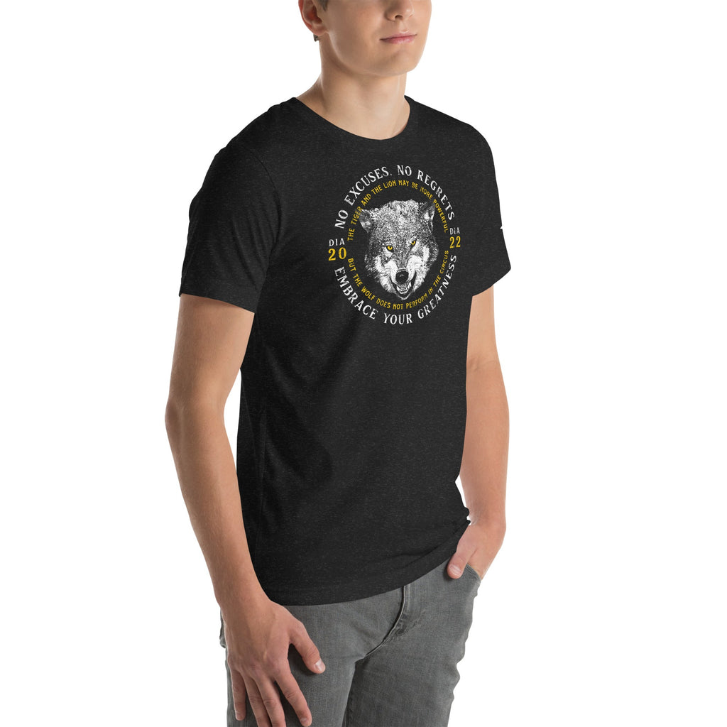 Angled left view of a man wearing a black heather wolf graphic t-shirt featuring "No Excuses. No Regrets" text.