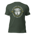Heather forest t-shirt with a centered wolf graphic surrounded by "No Excuses. No Regrets" and "Embrace Your Greatness" text.