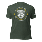 Heather forest t-shirt with a centered wolf graphic surrounded by "No Excuses. No Regrets" and "Embrace Your Greatness" text.