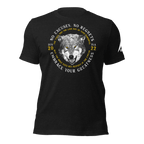 Black heather wolf graphic t-shirt featuring "No Excuses. No Regrets" and "Embrace Your Greatness" text.