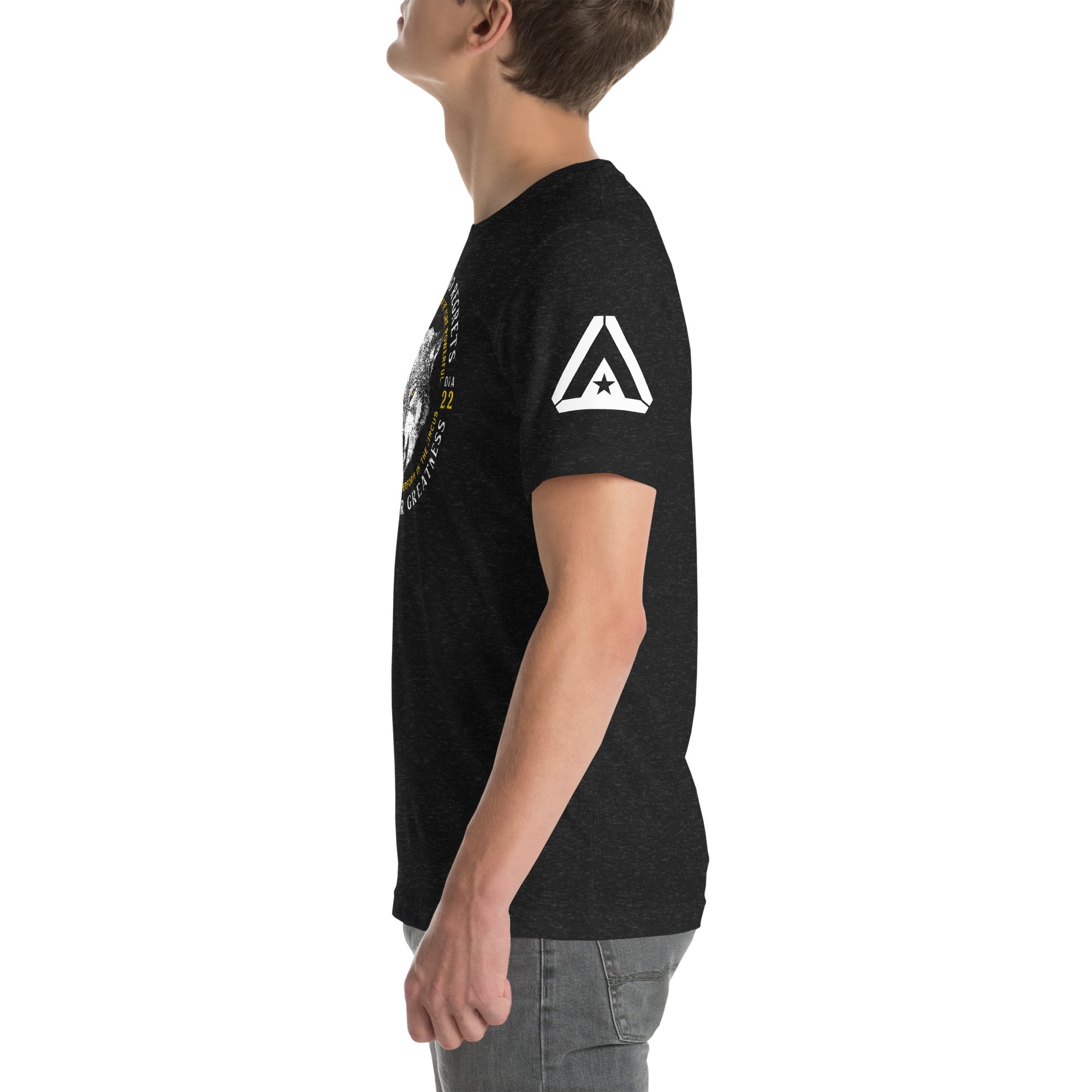 Side view of a man wearing a black heather wolf graphic t-shirt, highlighting a white DIA logo on the left sleeve.