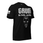 Black t-shirt angled left with a white "GRUNT" skull graphic, EGA sleeve emblem, and a white American flag.