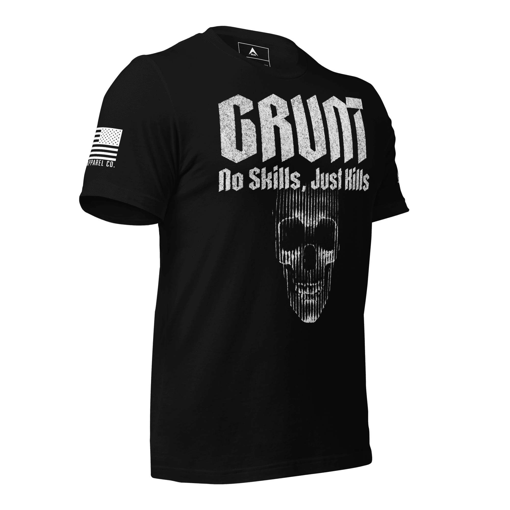 Black t-shirt angled left with a white "GRUNT" skull graphic, EGA sleeve emblem, and a white American flag.