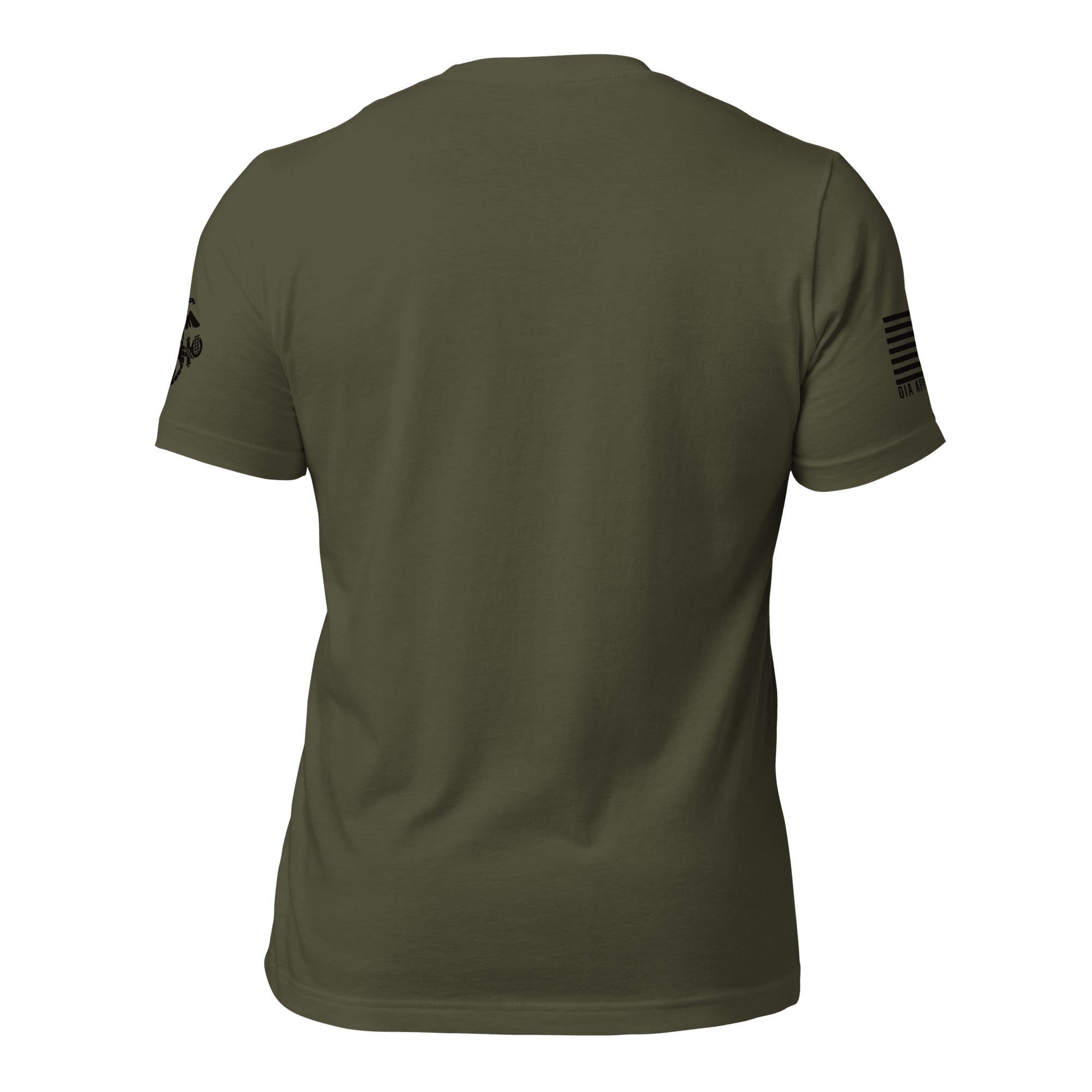 Back view of a military green t-shirt featuring a black American flag and an EGA emblem on the sleeves.