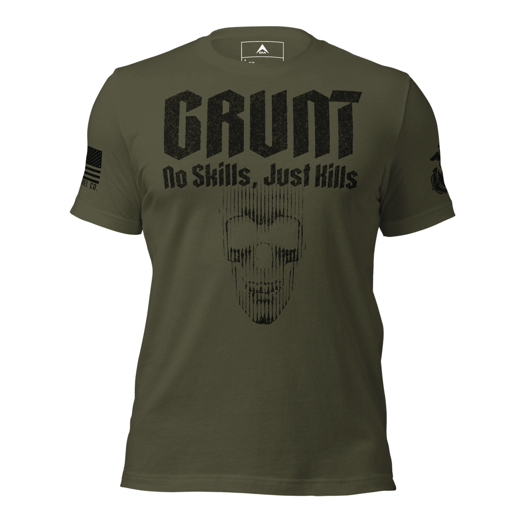 Front-facing military green t-shirt featuring a black "GRUNT" skull graphic, EGA emblem, and a black sleeve flag.