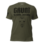 Front-facing military green t-shirt featuring a black "GRUNT" skull graphic, EGA emblem, and a black sleeve flag.