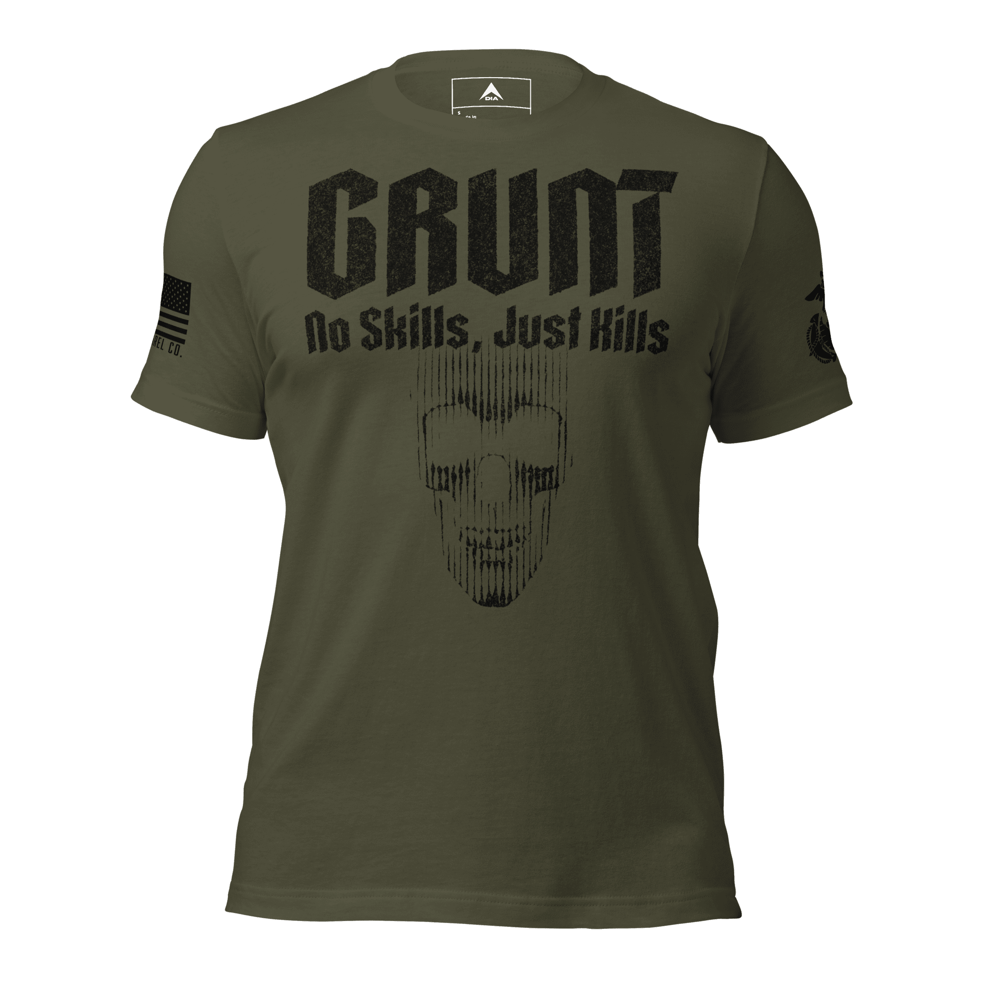 Front-facing military green t-shirt featuring a black "GRUNT" skull graphic, EGA emblem, and a black sleeve flag.