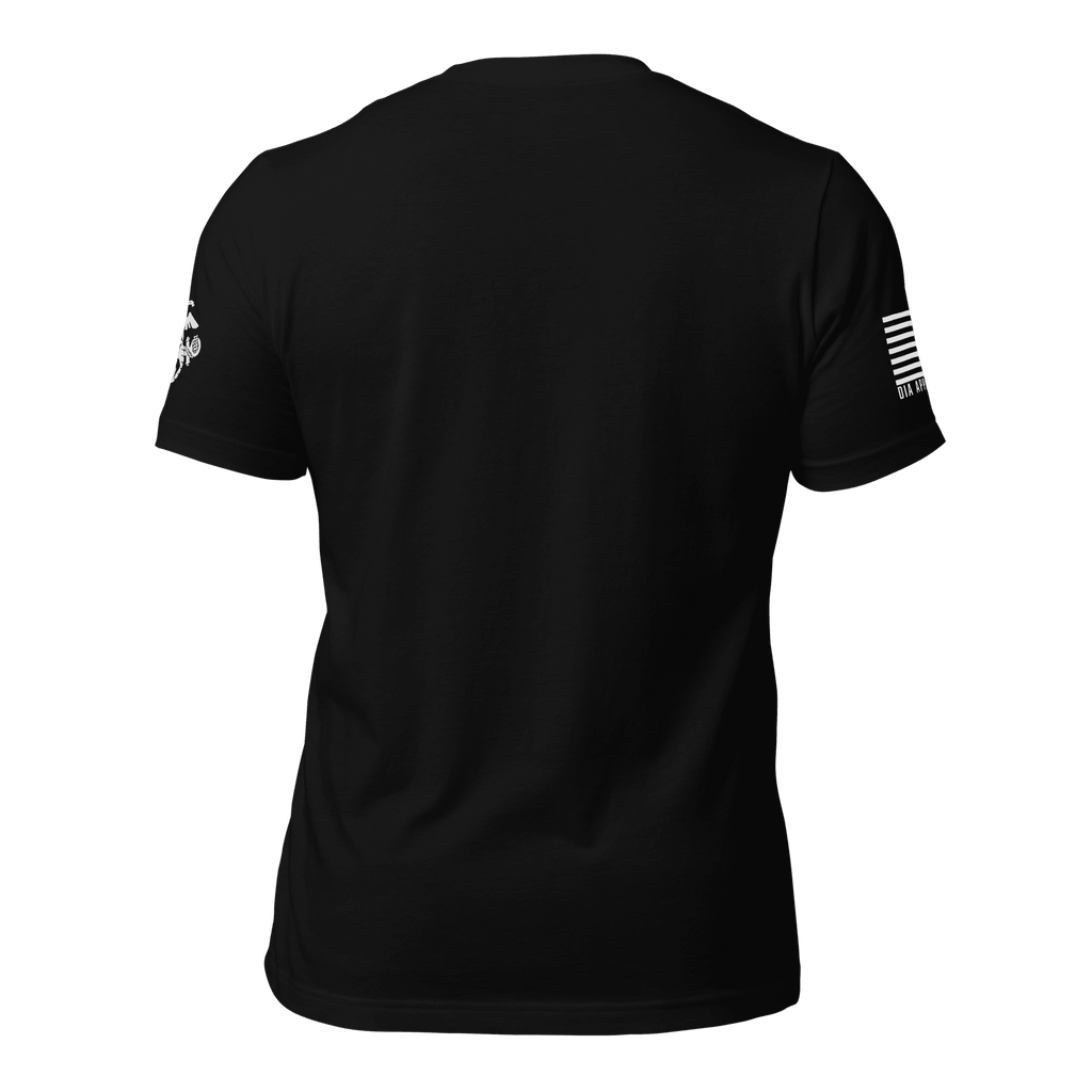 Back view of a black t-shirt featuring a white American flag and EGA sleeve emblems with a clean crew neck.