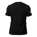 Back view of a black t-shirt featuring a white American flag and EGA sleeve emblems with a clean crew neck.