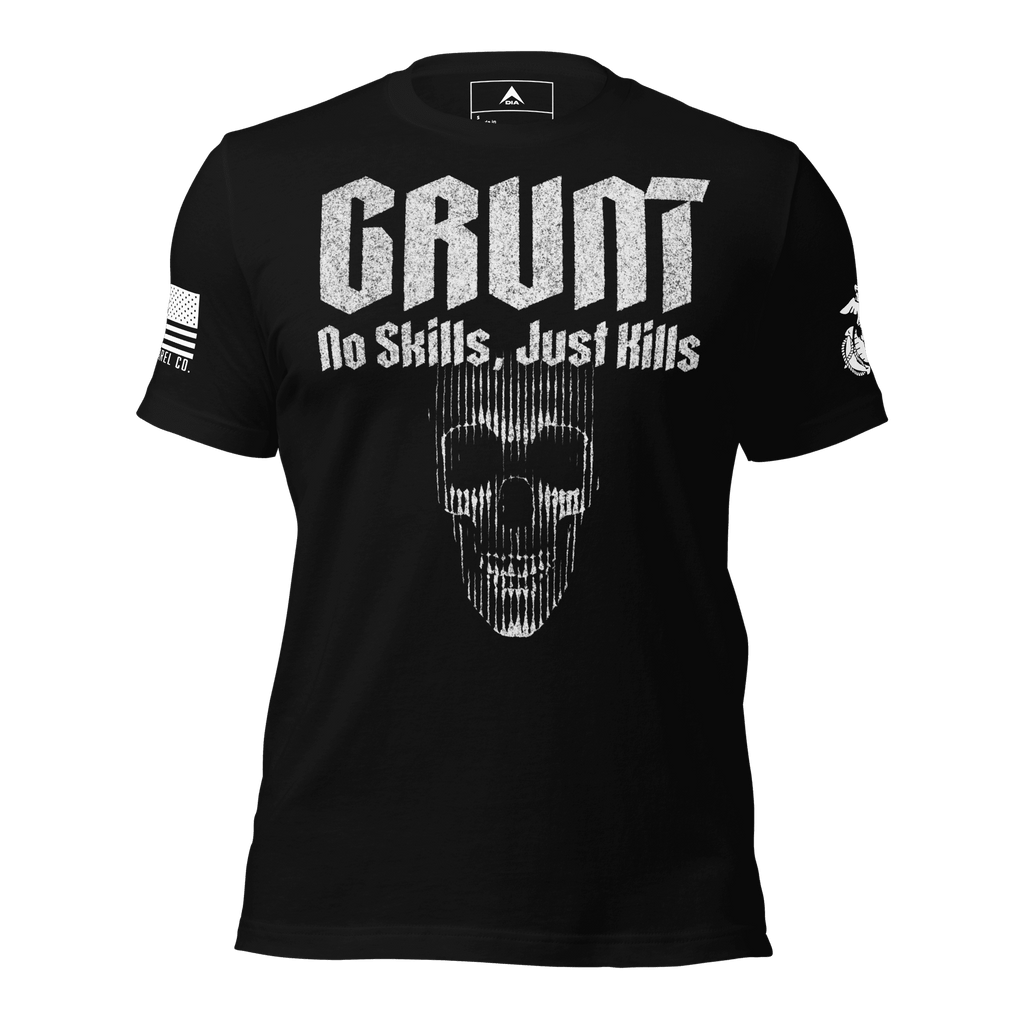 Front-facing black t-shirt featuring a white "GRUNT" skull graphic with "No Skills, Just Kills" and a DIA logo.