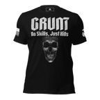 Front-facing black t-shirt featuring a white "GRUNT" skull graphic with "No Skills, Just Kills" and a DIA logo.